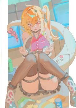 Rule 34 | 1girl, ahoge, bag of chips, bare shoulders, black shoes, black skirt, blonde hair, breasts, brown thighhighs, can, chalky (zenless zone zero), chips (food), cissia (zenless zone zero), commentary, crunchy (namtaehyeon1234), cuffs, detached sleeves, food, hair between eyes, hair ornament, hairclip, handcuffs, highres, knees up, large breasts, long hair, looking at viewer, open mouth, pom pom (clothes), pom pom hair ornament, red eyes, shoes, sitting, skirt, snake, snake girl, snake tail, soda, tail, thighhighs, untranslatable commentary, white snake, zenless zone zero
