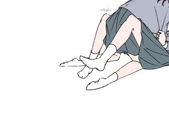 2girls a_jak between_legs brown_hair grey_jacket grey_skirt head_out_of_frame jacket miyagi_shiori multiple_girls no_shoes sendai_hazuki shuuniichido_classmate_wo_kau_hanashi simple_background skirt socks white_background white_socks yuri