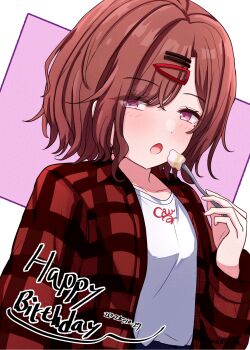 1girl adversarial_noise brown_hair collarbone dated eating fork hair_ornament hairclip happy_birthday highres higuchi_madoka holding holding_fork hyu-kya idolmaster idolmaster_shiny_colors jacket light_blush long_sleeves looking_at_viewer mole mole_under_eye open_mouth plaid_clothes plaid_jacket purple_eyes shirt short_hair sideways_glance simple_background solo upper_body watermark white_shirt