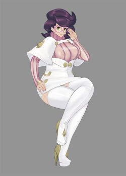 1girl adjusting_eyewear big_hair boots breasts capelet commentary_request crossed_legs glasses green_eyes hand_up high-waist_skirt high_heel_boots high_heels highres komii large_breasts long_sleeves mature_female medium_skirt nintendo pencil_skirt pink-framed_eyewear pink_sweater pokemon pokemon_sm purple_hair ribbed_sweater short_hair side_slit skirt smile solo sweater thigh_boots turtleneck turtleneck_sweater white_boots white_capelet white_skirt wicke_(pokemon)