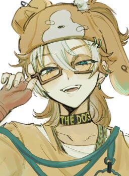 Rule 34 | 1boy, animal hat, aqua eyes, bishounen, blush, brown-framed eyewear, brown hair, choker, dog hat, fangs, fingerless gloves, glasses, gloves, half-closed eyes, hat, head tilt, heterochromia, identity v, luca balsa, male focus, multicolored hair, qlo3olp4, semi-rimless eyewear, two-tone hair, white hair