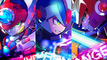 3boys arm_cannon armor axl_(mega_man) energy_sword black_armor blonde_hair blue_armor blue_eyes blue_headwear body_armor bodystocking energy_sword forehead_jewel gem glint green_eyes grimace grin gun guutara handgun helmet highres holding holding_gun holding_weapon looking_at_viewer looking_to_the_side mega_man_(series) mega_man_x_(series) multiple_boys red_armor scar shoulder_armor smile split_screen sword weapon x_(mega_man) arm_cannon z_saber zero_(mega_man)