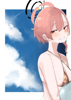 1girl absurdres ahoge animal_print asymmetrical_bangs aya_(xktv3753) bare_shoulders bikini black_halo blue_archive braid breasts commentary_request commission criss-cross_halter halo halterneck highres huge_ahoge leopard_print leopard_print_bikini medium_hair neru_(blue_archive) netorase orange_hair print_bikini red_eyes single_braid small_breasts swimsuit