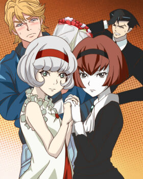 10s 2boys 2girls android banboro_(technobot) bare_shoulders black_eyes blonde_hair blue_eyes blue_jacket blush bob_cut bomber_jacket bouquet brooch brown_hair cis_(tiger_&amp;_bunny) company_connection creator_connection crossover denim dress closed_eyes facepalm flower formal_clothes hairband holding_hands interlocked_fingers jacket jeans jewelry keith_goodman multiple_boys multiple_girls pale_skin pants pantyhose r_dorothy_wayneright red_eyes red_hair roger_smith rose short_hair suit sunrise_(company) the_big_o tiger_&amp;_bunny voice_actor_connection white_hair yajima_akiko