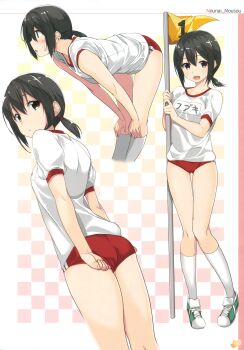 10s 1girl :d absurdres adjusting_buruma adjusting_clothes ass bent_over brown_eyes buruma flag from_behind from_side fubuki_(kancolle) gintarou_(kurousagi108) gym_uniform hair_tie hands_on_own_knees highres kantai_collection kneehighs low_ponytail multiple_views name_tag numbered_flag open_mouth ponytail shoes smile sneakers socks sports_festival sweatdrop white_socks