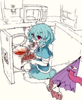1girl blue_capelet blue_eyes blue_skirt capelet commentary_request eating food from_side full_body hair_between_eyes heterochromia highres indoors karakasa_obake korean_commentary looking_at_viewer noodles partially_colored purple_umbrella ramen rampa93 red_eyes short_hair short_sleeves sitting skirt solo tatara_kogasa tongue touhou trash_can umbrella