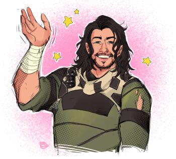 Rule 34 | 1boy, :d, bandaged arm, bandages, beard, belt, black eyes, black hair, facial hair, grin, halftone, hand up, iron lung (movie), looking at viewer, male focus, medium hair, open mouth, scarf, shirt, simon (iron lung), smile, solo, spunketpunk, teeth, torn clothes, torn shirt, tunic, upper body, upper teeth only, waving, wavy hair
