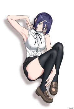 1girl absurdres armpits black_choker black_ribbon black_shorts black_thighhighs brown_shoes chainsaw_man choker closed_mouth collared_shirt green_eyes grenade_pin highres hiroto_xiangshaozhu loafers looking_at_viewer micro_shorts neck_ribbon purple_hair reze_(chainsaw_man) ribbon shirt shoes shorts simple_background sleeveless sleeveless_shirt solo thighhighs white_background white_shirt