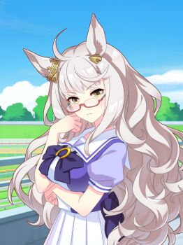 1girl absurdres ahoge animal_ears arm_under_breasts artist_request back_bow bare_arms biwa_hayahide_(umamusume) bleachers blue_bow blue_bowtie blue_shirt blue_sky bow bowtie breasts brooch closed_mouth cloud collarbone cowboy_shot cowlick crown day dot_nose ear_through_crown expressionless eyelashes frown game_cg glasses gold_crown grey_hair hair_ornament hand_on_own_cheek hand_on_own_elbow hand_on_own_face high-waist_skirt highres horse_ears horse_girl horseshoe jewelry large_breasts light_blush long_hair mini_crown official_art outdoors pleated_skirt puffy_short_sleeves puffy_sleeves red-framed_eyewear running_track school_uniform shirt short_sleeves sidelocks skirt sky solo standing tracen_school_uniform tree tsurime two-tone_shirt umamusume very_long_hair wavy_hair white_shirt white_skirt yellow_eyes