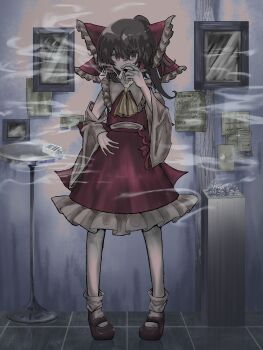 1girl ascot black_shoes bow brown_hair cigarette cigarette_pack commentary detached_sleeves frilled_bow frilled_hair_tubes frilled_skirt frills full_body hair_bow hair_tubes hakurei_reimu hand_on_own_hip highres holding holding_cigarette long_hair mary_janes moochii red_bow red_eyes red_skirt shoes skirt skirt_set smoke smoking socks solo table touhou white_socks yellow_ascot