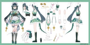 1girl :d a-pose apron artist_request bare_shoulders black_corset blush bonnet boots border breasts closed_mouth collar colored_inner_hair copyright_notice corset cropped_head crossed_bangs detached_sleeves fish floral_print floral_print_kimono flower-shaped_pupils flower_hairpin flower_knot frilled_bonnet frilled_collar frilled_skirt frilled_socks frilled_thigh_strap frills from_side full_body green_boots green_border green_eyes green_hair green_kimono green_ribbon green_tail hair_ribbon japanese_clothes kimono kimono_skirt knee_boots kneehighs lace-up_boots lizard_tail long_hair long_sleeves looking_at_viewer maid_apron multicolored_hair multiple_views neck_ribbon nijisanji obiage obijime official_art open_mouth outside_border print_kimono reference_sheet ribbon skirt small_breasts smile socks standing straight-on symbol-shaped_pupils tail tail_under_clothes tassel thigh_strap togawa_nonoha turnaround virtual_youtuber waist_apron white_background white_bonnet white_ribbon white_sleeves