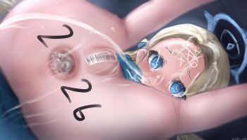 1girl absurdres after_anal aftersex anus apron apron_lift ass ass_focus autreeyah bad_tag blonde_hair blue_archive blue_eyes blush body_writing bottomless clothes_lift cum cum_in_ass cum_on_body cum_on_lower_body cumdrip facial gaping gaping_anus halo happy_new_year highres legs loli long_hair maebari new_year plow_pose short_twintails solo sora_(blue_archive) tape tape_maebari thighs twintails uncensored