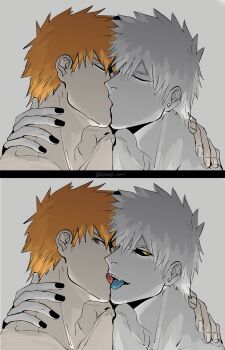 2boys adam's_apple asure_(asure_twi) black_nails black_sclera bleach blue_tongue brown_eyes closed_eyes collarbone colored_sclera colored_tongue fingernails french_kiss hand_on_another's_neck highres hollow_ichigo kiss kurosaki_ichigo male_focus multiple_boys selfcest short_hair upper_body yaoi yellow_eyes