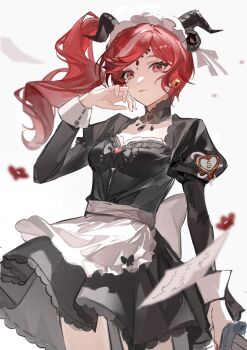 1girl absurdres apron back_bow black_bow black_dress black_horns bow breasts chinese_commentary commentary_request cowboy_shot detached_collar dress dress_bow fan_lin fiona_gilman fiona_gilman_(crimson) flying_paper forehead_jewel frilled_dress frills hand_up highres horns identity_v juliet_sleeves long_sleeves maid maid_apron maid_headdress multicolored_hair paper puffy_sleeves red_eyes red_hair simple_background sleeve_cuffs small_breasts solo streaked_hair waist_apron white_background white_bow white_streaks