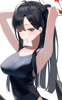 1girl absurdres alternate_costume arms_behind_head bare_arms black_hair black_one-piece_swimsuit black_wings blue_archive blush breasts closed_mouth commentary_request grey_eyes hair_ornament hair_over_shoulder hairclip halo highres ichika_(blue_archive) large_breasts long_hair matcha_(matttttya1) one-piece_swimsuit one_eye_closed red_halo school_swimsuit simple_background solo swimsuit upper_body white_background wings