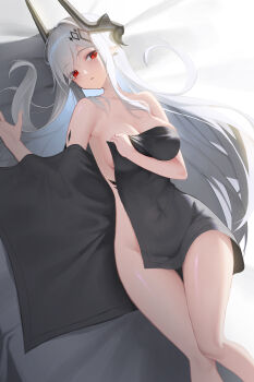 Rule 34 | 1girl, absurdres, arknights, black horns, blanket, bowlp, breasts, cleavage, commentary, completely nude, covered navel, feet out of frame, grey hair, groin, highres, horns, large breasts, light blush, long hair, lying, material growth, mudrock (arknights), nude, on back, oripathy lesion (arknights), parted lips, pointy ears, red eyes, solo