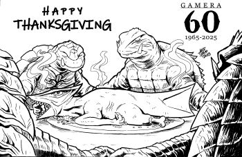 1965 2025 anniversary artist_name claws closed_eyes daiei_film daiei_motion_picture drawmandude engi_(animation_studio) english_text gamera gamera,_the_giant_monster gamera_(series) gamera_-rebirth- gamera_3:_revenge_of_iris gamera_the_brave gamera_vs._gyaos giant giant_monster gyaos holding_hands kadokawa kaiju monochrome monster no_humans sharp_teeth signature table teeth thanksgiving toto_(gamera) turtle turtle_shell tusks