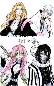 2boys 2girls antatica11 bandages_over_mouth black_hair bleach blonde_hair blue_eyes breasts chinese_commentary cleavage cleavage_cutout closed_eyes clothing_cutout coat commentary_request demon_slayer_uniform gradient_hair green_eyes green_hair haori heterochromia highres holding holding_sword holding_weapon ichimaru_gin iguro_obanai japanese_clothes jewelry kanroji_mitsuri kimetsu_no_yaiba large_breasts matsumoto_rangiku mole mole_under_each_eye mole_under_eye mole_under_mouth multicolored_hair multiple_boys multiple_girls multiple_moles necklace pink_hair pink_scarf pink_shawl scarf shawl shihakusho snake striped_coat striped_haori sword trait_connection tri_braids weapon white_hair yellow_eyes