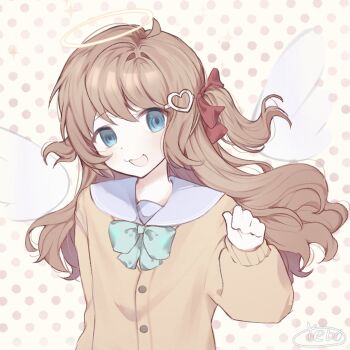 1girl :3 ahoge aqua_bow aqua_bowtie blue_eyes blue_sailor_collar bow bowtie brown_hair cardigan detached_wings from_side hair_between_eyes hair_ornament hair_ribbon halo hashtag-only_commentary heart heart_hair_ornament highres long_hair long_sleeves looking_at_viewer neuro-sama open_mouth polka_dot polka_dot_background red_ribbon ribbon sailor_collar solo two_side_up upper_body vedal_ai virtual_youtuber wings yebiyo1206 yellow_cardigan yellow_halo