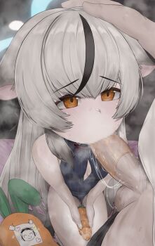 1boy 1girl animal_ears black_dress black_hair blue_archive blush breasts carrot censored china_dress chinese_clothes clothing_cutout diamond_cutout doodle_sensei_(blue_archive) dress erection fellatio food grey_hair halo hand_on_another's_head hetero holding kokona_(blue_archive) loli long_hair mosaic_censoring multicolored_hair oral orange_eyes osukareen pelvic_curtain penis pubic_hair saliva sensei_(blue_archive) sitting sleeveless sleeveless_dress small_breasts streaked_hair testicles vegetable very_long_hair