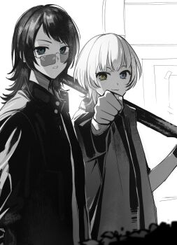 Rule 34 | 2girls, :3, bang dream!, bang dream! it's mygo!!!!!, blue eyes, closed mouth, commentary, cracy logan, glasses, greyscale, hashtag-only commentary, heterochromia, highres, jacket, kaname raana, long sleeves, looking at viewer, medium hair, monochrome, multiple girls, open mouth, shiina taki, short hair, spot color, yellow eyes