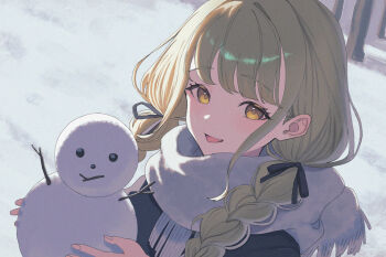 1girl black_ribbon blonde_hair blush braid commentary fang fingernails fujita_kotone gakuen_idolmaster grey_scarf hair_ribbon idolmaster long_hair looking_at_viewer mini_snowman outdoors ribbon salvation48931 scarf skin_fang smile snow solo twin_braids yellow_eyes
