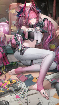 +_+ 1girl absurdres arknights arknights:_endfield ass bandeau bare_shoulders black_bandeau black_gloves black_horns breasts commentary cone_hair_bun crop_top demon_girl demon_horns detached_sleeves diamond_in_eye english_commentary fang feet gloves hair_bun hair_intakes hair_on_horn highres horns large_breasts looking_at_viewer marker midriff multicolored_gloves multicolored_horns navel nopetroto pants paper pink_gloves pink_hair pink_horns pink_sleeves pink_tube_top pointy_ears revision see-through_clothes see-through_sleeves skin_fang smile soles solo stirrup_legwear stomach strapless toeless_legwear toes tube_top two-tone_gloves two-tone_horns white_pants yvonne_(arknights)