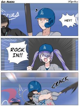 1boy 1girl 3boys :d bandaid bandaid_on_cheek bandaid_on_face bandaid_on_nose baseball_bat baseball_helmet baseball_uniform clenched_hand closed_mouth commentary english_commentary english_text gloves grey_gloves grey_shirt helmet highres holding holding_baseball_bat hololive hololive_english koseki_bijou long_hair los_angeles_dodgers multiple_boys oguma_shiro open_mouth purple_eyes purple_hair shirt smile speech_bubble sportswear swinging_baseball_bat twintails umpire virtual_youtuber