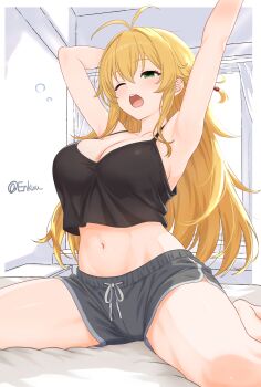 1girl ;o absurdres alternate_costume antenna_hair armpits arms_up artist_name bad_id bad_twitter_id bare_legs bed_sheet black_camisole blonde_hair blush breasts camisole casual cleavage commentary dolphin_shorts green_eyes grey_shorts hair_bobbles hair_ornament highres indoors large_breasts long_hair navel on_bed one_eye_closed one_side_up open_mouth poke_kuu shorts sitting solo stretching tsurumaki_maki very_long_hair voiceroid waking_up