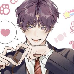 Rule 34 | 1boy, blush, buttons, candy, collared shirt, food, happy, heart, heart hands, highres, looking at viewer, love and deepspace, male focus, multicolored eyes, necktie, open clothes, open mouth, parted bangs, paw print, plaid necktie, purple eyes, purple hair, rafayel (love and deepspace), rainbow, red necktie, shirt, short hair, speech bubble, teeth, tongue, tsuchifu ma, vest, white background, white shirt