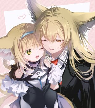 2girls absurdres animal_ears arknights bare_shoulders black_gloves black_jacket blonde_hair blue_dress blue_hairband braid braided_hair_rings collared_shirt colored_tips commentary_request dress fox_ears fox_girl fox_tail gloves green_eyes hair_rings hairband heart highres infection_monitor_(arknights) jacket long_hair mother_and_daughter multicolored_hair multiple_girls necktie one_eye_closed open_mouth orange_eyes partial_commentary ramel red_necktie shirt suzuran_(arknights) tail twin_braids two-tone_hair vulpisfoglia_(arknights) white_hair white_shirt