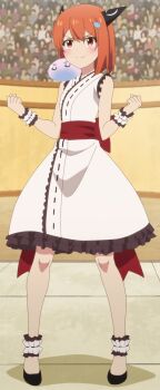 1girl absurdres anime_screenshot bare_shoulders black_shoes dragon_girl dragon_horns dress fighting_stance full_body hair_between_eyes highres horns laika_(slime_taoshite_300_nen) medium_hair red_eyes red_hair shoes slime slime_taoshite_300_nen_shiranai_uchi_ni_level_max_ni_nattemashita smile white_dress