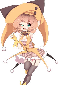 1girl absurdres black_thighhighs brown_hair commentary_request cover frilled_skirt frills gloves green_eyes hat highres magical_girl mahou_shoujo_madoka_magica mahou_shoujo_oriko_magica mengnaidu skirt smile thighhighs yuuki_sasa