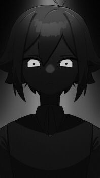 Rule 34 | 1boy, black hair, black shirt, black skin, black sweater vest, closed mouth, colored skin, double-parted bangs, hair between eyes, hashtag-only commentary, highres, looking at viewer, male focus, omori, shirt, short hair, sidelocks, solo, stranger (omori), sweater vest, upper body, white eyes, yksm oe