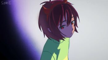 1other aged_down alien_stage brown_hair closed_mouth commentary deltarune demon_horns english_commentary fake_horns green_sweater hairband horn_hairband horns kris_(deltarune) red_eyes red_hairband red_horns scene_reference short_hair signature smbdylsss sweater utdr_(toby_fox)