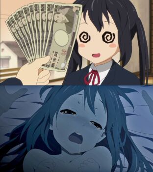 1girl blush fistful_of_yen flat_chest k-on! kuma_motoko loli money nakano_azusa open_mouth prostitution saliva screencap sequential sex tears third-party_edit warped_context