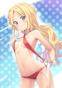 1girl bare_shoulders blonde_hair blue_eyes blush breasts clothes_lift clothes_pull cowboy_shot dated dotted_background errant female_focus frenda_seivelun gluteal_fold highres long_hair looking_at_viewer low_ponytail navel o-ring o-ring_swimsuit one-piece_swimsuit one-piece_swimsuit_pull ponytail red_one-piece_swimsuit signature slingshot_swimsuit small_breasts smile solo swimsuit swimsuit_lift teasing teeth toaru_kagaku_no_railgun toaru_kagaku_no_railgun_s toaru_majutsu_no_index