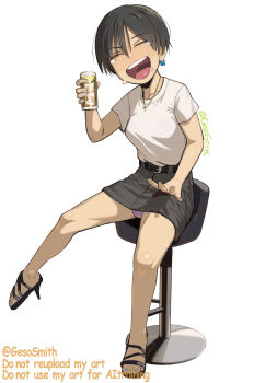 1f_(seisen_shokuhin) alcohol belt black_hair bulge closed_eyes drunk earrings futanari geso_smith high_heels highres jewelry laughing necklace panties sandals shirt short_hair skirt tears underwear