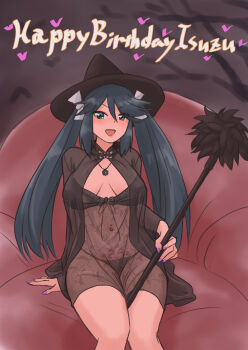 1girl absurdres alternate_costume black_bra black_coat black_hair black_hat black_negligee black_panties blue_eyes bra breasts character_name coat commentary_request couch happy_birthday hat highres isuzu_(kancolle) kantai_collection large_breasts long_hair madmax_(suzk1125) panties solo twintails underwear wand witch_hat