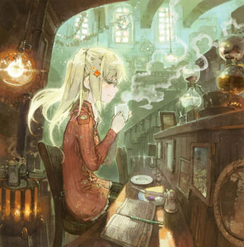 1girl bar_(place) blonde_hair blush book cafe cake cake_slice chair closed_eyes coffee_maker coffee_pot cup disposable_cup eyelashes facing_away female_focus food from_behind from_side furnace glasses hair_ornament hairclip heater highres holding holding_cup indoors industrial_pipe kettle konno_takashi_(frontier_pub) lamp lantern lights long_hair long_sleeves mug on_chair open_book original pen picture_frame plate ponytail profile ribbed_sweater saucer scenery sidelocks sitting smile solo stairs steam sweater teacup teapot window