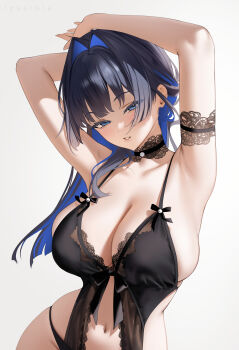 1girl absurdres arm_strap armpit_focus armpits arms_up babydoll black_babydoll black_choker black_hair black_panties blue_eyes blue_hair breasts choker cleavage colored_inner_hair commentary_request cosplay hair_intakes highres hololive hololive_english lace-trimmed_choker lace_trim large_breasts lingerie long_hair looking_at_viewer lyusiola multicolored_hair navel ouro_kronii panties parted_lips presenting_armpit sideboob simple_background solo tamaki_(doa) tamaki_(doa)_(cosplay) underwear virtual_youtuber