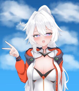 Rule 34 | 1girl, 5tone14on, absurdres, ahoge, blue eyes, blue sky, bodysuit, breasts, cleavage, diamond-shaped pupils, diamond (shape), high ponytail, highres, honkai (series), honkai impact 3rd, jacket, kiana kaslana, kiana kaslana (herrscher of finality), kiana kaslana (white comet), large breasts, long hair, looking at viewer, multicolored jacket, ponytail, self cosplay, sky, solo, symbol-shaped pupils, two-tone jacket, v, very long hair, white bodysuit