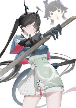 ! 1girl absurdres apron aqua_jacket arknights arknights:_endfield black_gloves black_hair blue_capelet blue_shirt capelet chen_qianyu_(arknights) commentary cow dragon_girl dragon_horns dragon_tail dual_wielding eastern_dragon_horns eastern_dragon_tail gloves grey_eyes highres holding holding_sword holding_weapon horns jacket long_hair long_sleeves looking_at_viewer looking_down multiple_views paszuto reverse_grip shirt simple_background skirt sword tail twintails very_long_hair weapon white_background white_skirt