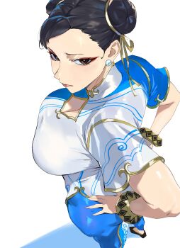 1girl absurdres black_hair blue_dress blue_pants bracelet breasts brown_eyes capcom china_dress chinese_clothes chun-li cleavage cleavage_cutout clothing_cutout double_bun dress eyeliner gold_trim hair_bun hair_ribbon highres jewelry large_breasts looking_at_viewer makeup medium_hair pants pelvic_curtain ribbon short_sleeves solo street_fighter street_fighter_6 taiyang_yu thighs