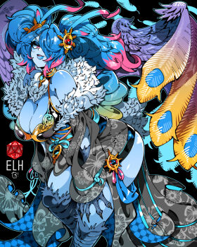 1girl bare_shoulders black_background blue_eyes blue_skin breasts cleavage colored_skin commentary_request dice feathers fingernails grey_kimono hair_ornament hair_over_one_eye japanese_clothes kafun kimono large_breasts looking_at_viewer multicolored_hair original parted_lips pink_eyes pink_hair sharp_fingernails simple_background smile solo twintails two-tone_hair