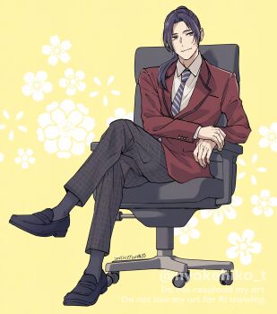 Rule 34 | 1boy, black pants, black shoes, black socks, chair, closed mouth, collared shirt, commentary request, crossed legs, dated, full body, hair over shoulder, highres, jacket, jinshi (kusuriya no hitorigoto), kusuriya no hitorigoto, loafers, long hair, necktie, pants, parted bangs, pink eyes, plaid clothes, plaid pants, ponytail, purple hair, red jacket, shirt, shoes, sitting, smile, socks, solo, striped clothes, striped necktie, suit jacket, swivel chair, takehide, twitter username, white shirt, yellow background