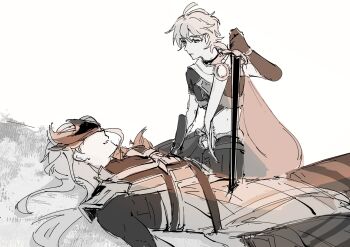 Rule 34 | 2boys, aether (genshin impact), ahoge, arm armor, armor, baggy pants, belt, braid, cape, closed mouth, commentary, covered eyes, dottore (genshin impact), earrings, eye mask, genshin impact, gloves, grass, greyscale, hair between eyes, half-closed eyes, hand up, highres, holding, holding sword, holding weapon, jewelry, long hair, long sleeves, looking at another, looking down, low-braided long hair, low-tied long hair, lying, male focus, mask, midriff, monochrome, multiple boys, navel, on back, open mouth, outdoors, pants, rinn18021, scarf, shirt, short sleeves, shoulder armor, simple background, single braid, single earring, sitting, smile, stab, star (symbol), sword, tabard, wavy hair, weapon