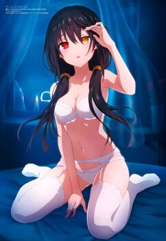 1girl absurdres adjusting_hair black_hair bra clock_eyes date_a_live garter_belt garter_straps heterochromia highres jpeg_artifacts lace lace-trimmed_bra lace-trimmed_panties lace_trim lingerie looking_at_viewer megami_magazine non-web_source official_art on_bed open_mouth panties red_eyes roman_numeral sitting solo symbol-shaped_pupils thighhighs tokisaki_kurumi twintails underwear wariza white_bra white_thighhighs yellow_eyes