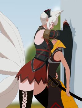 2girls absurdres against_wall age_difference animal_ears arianne_(artist) black_thighhighs breast_smother breasts breasts_in_face clothing_cutout domination dress face_to_breasts femdom fox_ears fox_girl fox_tail grinding grinding_over_clothes hakama hakama_skirt hand_on_another&#039;s_back highres holding japanese_clothes kabedon kitsune knee_between_legs large_breasts medium_breasts multiple_girls older_female_and_younger_female panties pantyshot rubbing rubbing_crotch sarayah scabbard sheath short_dress size_difference skirt small_breasts smile smother smug submission sword tail tail_through_clothes thighhighs through_clothes trapped underwear weapon yuri