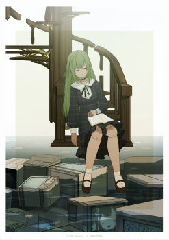 1girl absurdres bang_dream! bang_dream!_it's_mygo!!!!! black_boots black_necktie boots choker closed_eyes closed_mouth doll_joints dress green_hair hannaz highres joints long_hair necktie puppet ribbon_choker sitting sitting_on_stairs socks solo spiral_staircase stairs static striped_clothes striped_dress television wakaba_mutsumi water white_socks